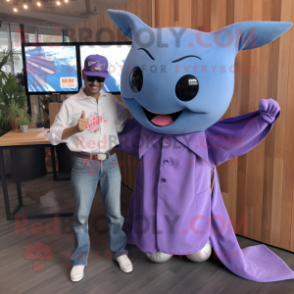 Purple Manta Ray mascot costume character dressed with a Denim Shirt and Ties