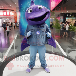 Purple Manta Ray mascot costume character dressed with a Denim Shirt and Ties