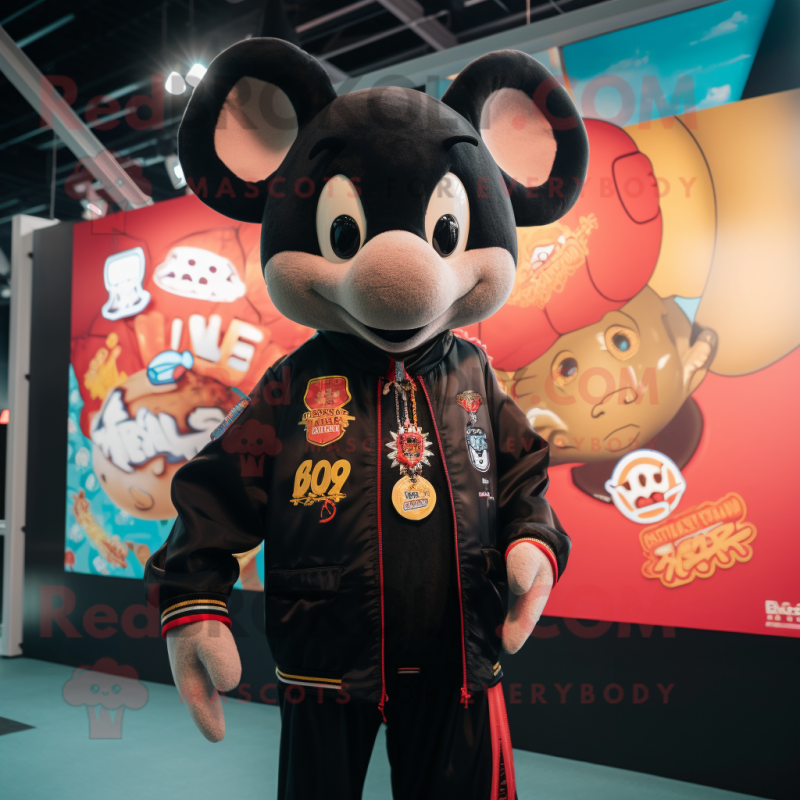 Black Pad Thai mascot costume character dressed with a Bomber Jacket and Brooches