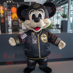 Black Pad Thai mascot costume character dressed with a Bomber Jacket and Brooches