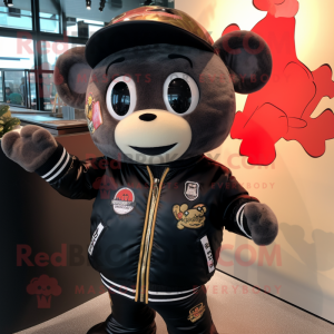 Black Pad Thai mascot costume character dressed with a Bomber Jacket and Brooches