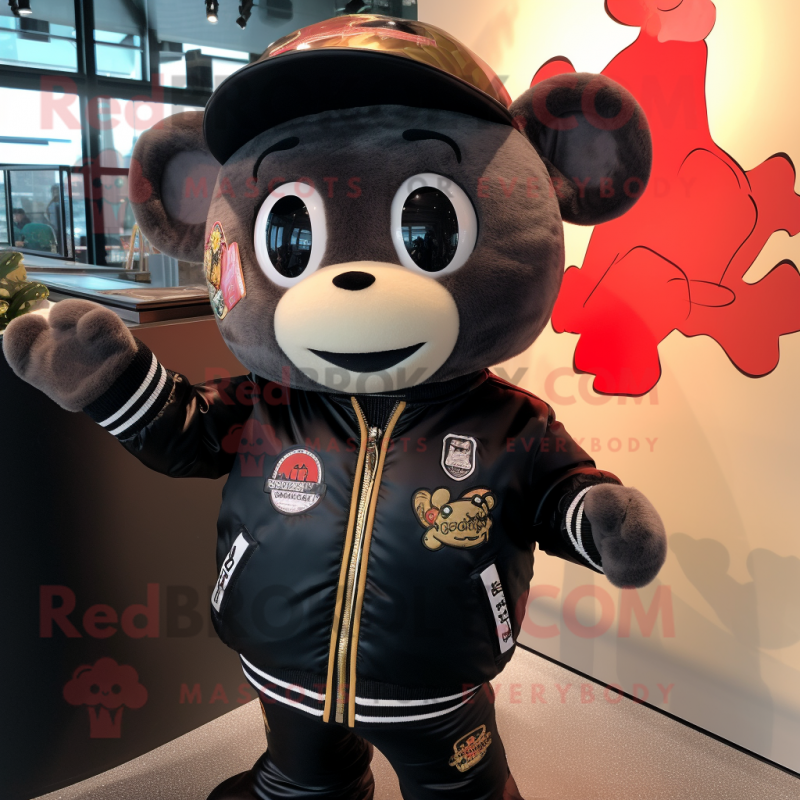 Black Pad Thai mascot costume character dressed with a Bomber Jacket and Brooches Black Pad Thai mascot costume character dressed with a Bomber Jacket and Brooches