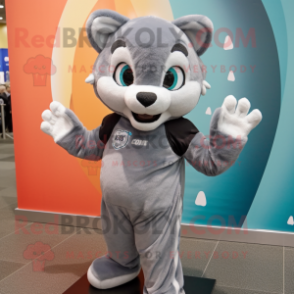 Gray Puma mascot costume character dressed with a Blouse and Mittens
