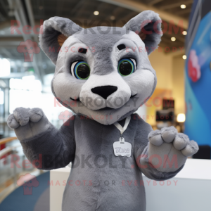 Gray Puma mascot costume character dressed with a Blouse and Mittens