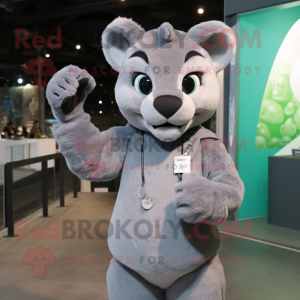 Gray Puma mascot costume character dressed with a Blouse and Mittens