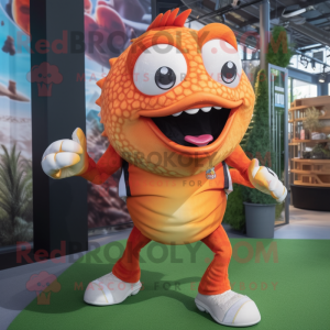 Orange Piranha mascot costume character dressed with a Oxford Shirt and Foot pads