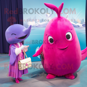 Magenta Narwhal mascot costume character dressed with a Evening Gown and Briefcases