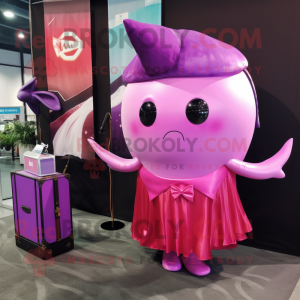 Magenta Narwhal mascot costume character dressed with a Evening Gown and Briefcases