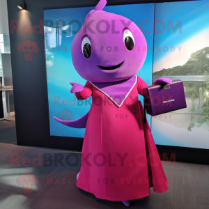 Magenta Narwhal mascot costume character dressed with a Evening Gown and Briefcases