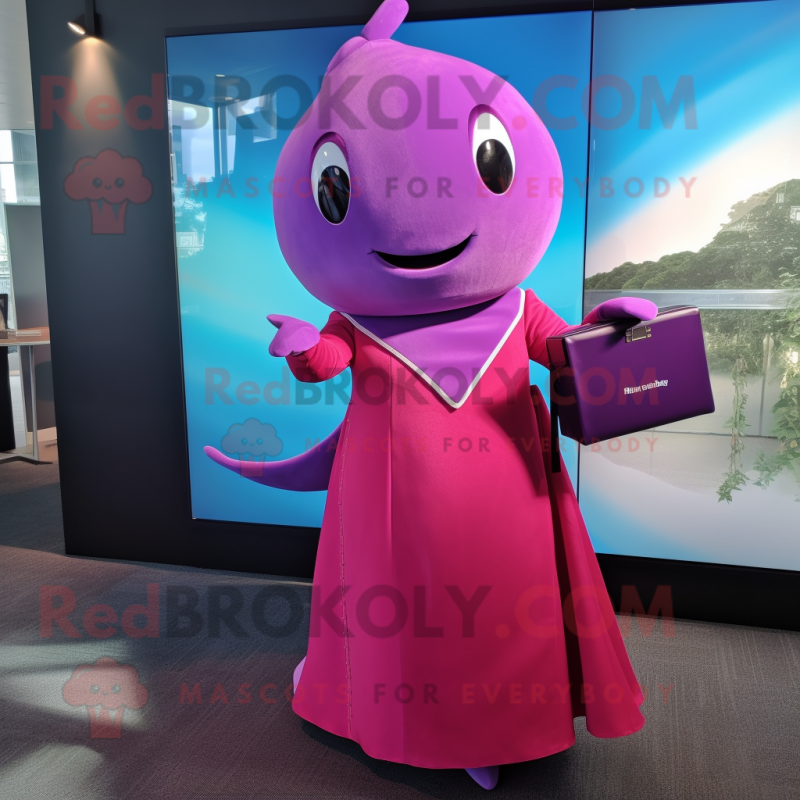 Magenta Narwhal mascot costume character dressed with a Evening Gown and Briefcases Magenta Narwhal mascot costume character dressed with a Evening Gown and Briefcases