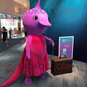 Magenta Narwhal mascot costume character dressed with a Evening Gown and Briefcases