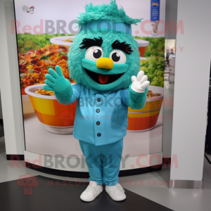 Teal Fried Rice mascot costume character dressed with a Jeggings and Gloves