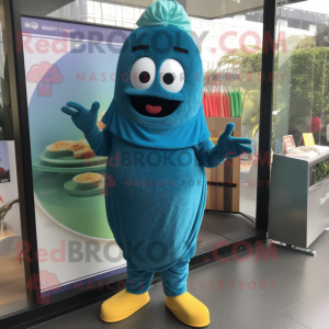 Teal Fried Rice mascot costume character dressed with a Jeggings and Gloves