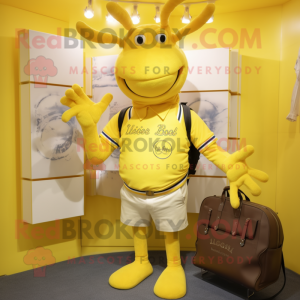 Lemon Yellow Lobster Bisque mascot costume character dressed with a Polo Tee and Messenger bags