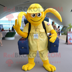 Lemon Yellow Lobster Bisque mascot costume character dressed with a Polo Tee and Messenger bags
