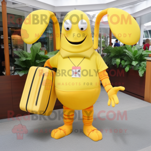 Lemon Yellow Lobster Bisque mascot costume character dressed with a Polo Tee and Messenger bags