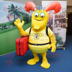 Lemon Yellow Lobster Bisque mascot costume character dressed with a Polo Tee and Messenger bags