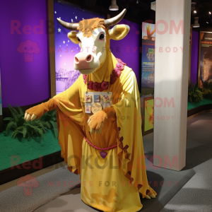 Gold Guernsey Cow mascot costume character dressed with a Maxi Dress and Shawl pins