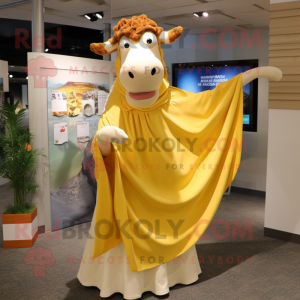 Gold Guernsey Cow mascot costume character dressed with a Maxi Dress and Shawl pins