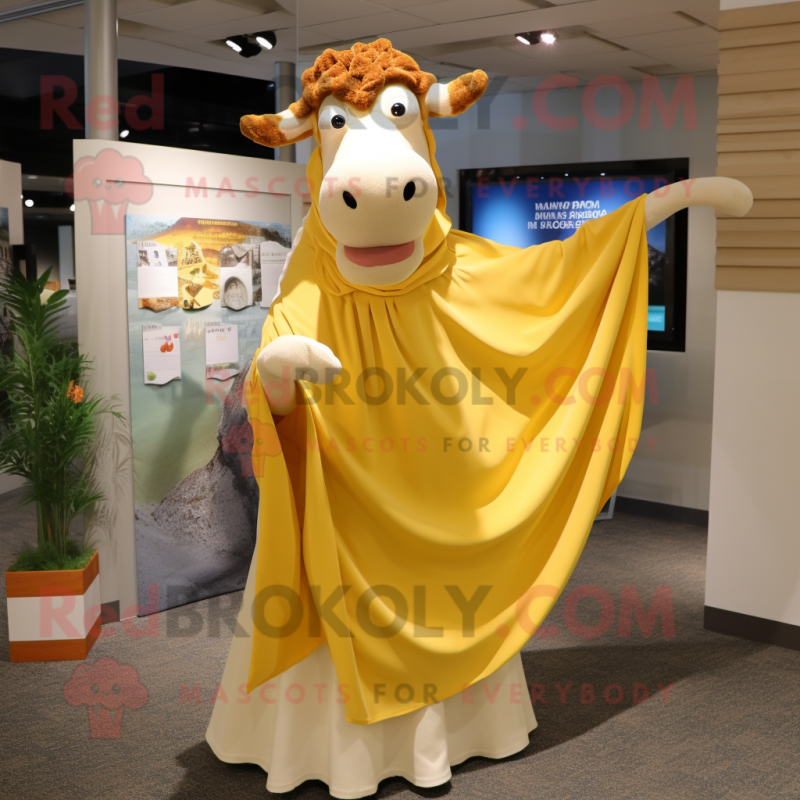 Gold Guernsey Cow mascot costume character dressed with a Maxi Dress and Shawl pins Gold Guernsey Cow mascot costume character dressed with a Maxi Dress and Shawl pins