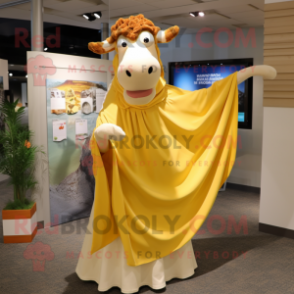 Gold Guernsey Cow mascot costume character dressed with a Maxi Dress and Shawl pins