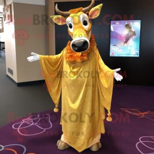 Gold Guernsey Cow mascot costume character dressed with a Maxi Dress and Shawl pins