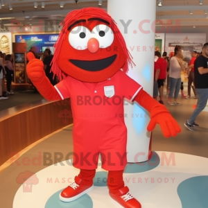 Red Spaghetti mascot costume character dressed with a Polo Shirt and Shoe laces