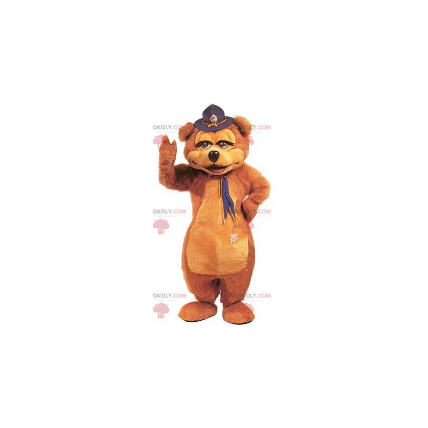 Mascotte d'ours marron avec un chapeau sur la tête -