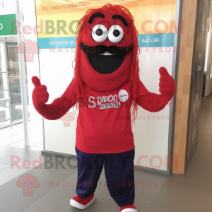 Red Spaghetti mascot costume character dressed with a Polo Shirt and Shoe laces