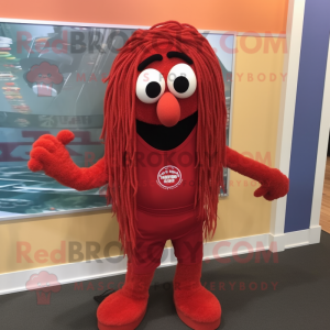 Red Spaghetti mascot costume character dressed with a Polo Shirt and Shoe laces
