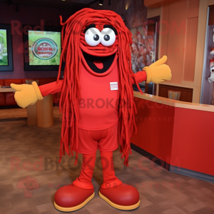 Red Spaghetti mascot costume character dressed with a Polo Shirt and Shoe laces