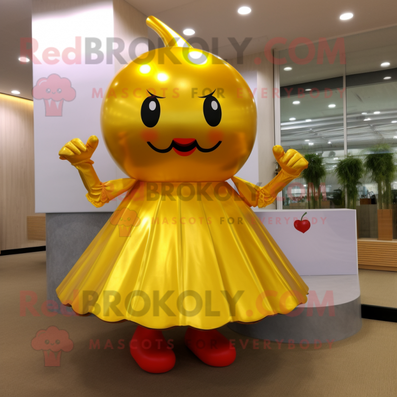 Gold Cherry mascot costume character dressed with a Skirt and Earrings