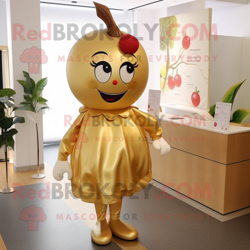 Gold Cherry mascot costume character dressed with a Skirt and Earrings Gold Cherry mascot costume character dressed with a Skirt and Earrings