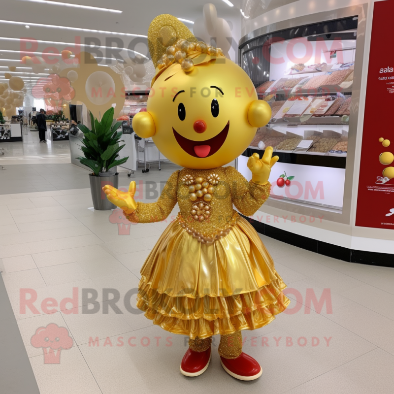 Gold Cherry mascot costume character dressed with a Skirt and Earrings Gold Cherry mascot costume character dressed with a Skirt and Earrings