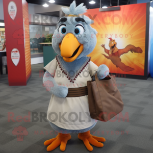 Gray Tandoori Chicken mascot costume character dressed with a Shift Dress and Messenger bags
