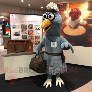Gray Tandoori Chicken mascot costume character dressed with a Shift Dress and Messenger bags