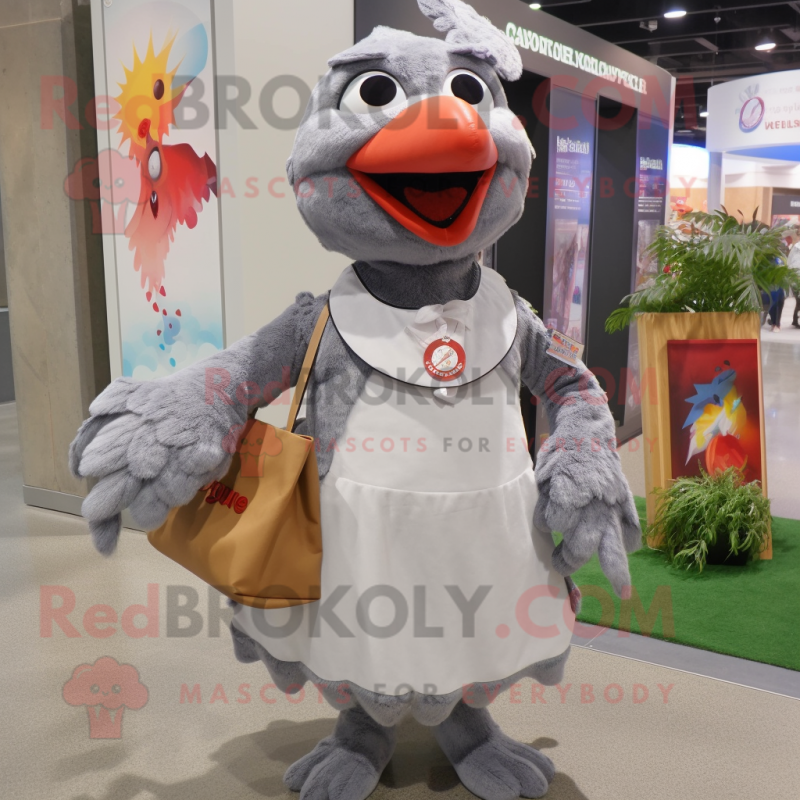 Gray Tandoori Chicken mascot costume character dressed with a Shift Dress and Messenger bags