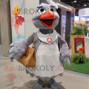 Gray Tandoori Chicken mascot costume character dressed with a Shift Dress and Messenger bags