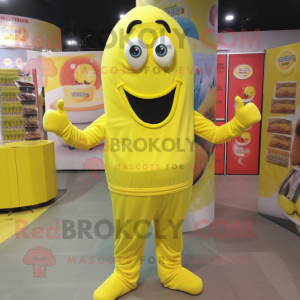 Lemon Yellow Lasagna mascot costume character dressed with a Jumpsuit and Shoe laces