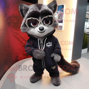 Black Raccoon mascot costume character dressed with a Hoodie and Eyeglasses