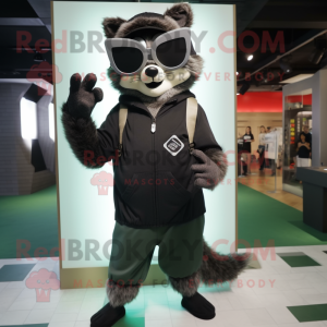 Black Raccoon mascot costume character dressed with a Hoodie and Eyeglasses