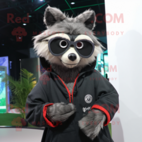 Black Raccoon mascot costume character dressed with a Hoodie and Eyeglasses