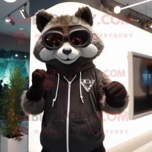 Black Raccoon mascot costume character dressed with a Hoodie and Eyeglasses