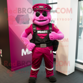 Magenta Marine Recon mascot costume character dressed with a Dress Pants and Brooches