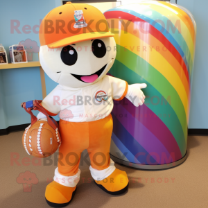 Orange Rainbow mascot costume character dressed with a Baseball Tee and Tote bags