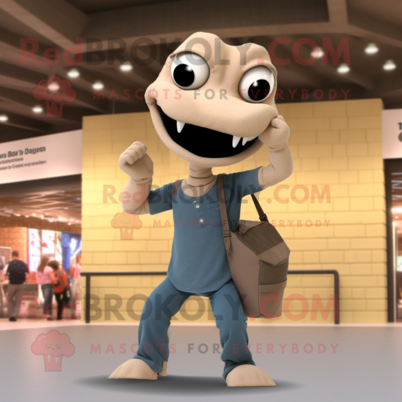 Beige Titanoboa mascot costume character dressed with a Skinny Jeans and Messenger bags