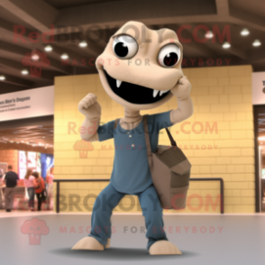 Beige Titanoboa mascot costume character dressed with a Skinny Jeans and Messenger bags