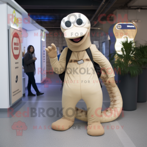 Beige Titanoboa mascot costume character dressed with a Skinny Jeans and Messenger bags