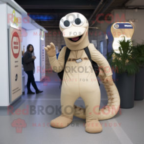 Beige Titanoboa mascot costume character dressed with a Skinny Jeans and Messenger bags
