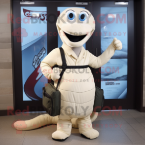 Beige Titanoboa mascot costume character dressed with a Skinny Jeans and Messenger bags